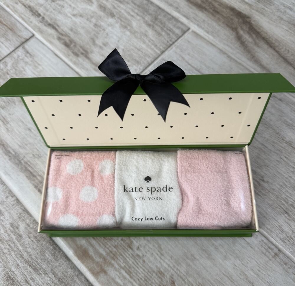 Kate Spade Fuzzy Crew Slipper Socks 3 Pair NWT Gift Box Pink Dot Coquette O/S